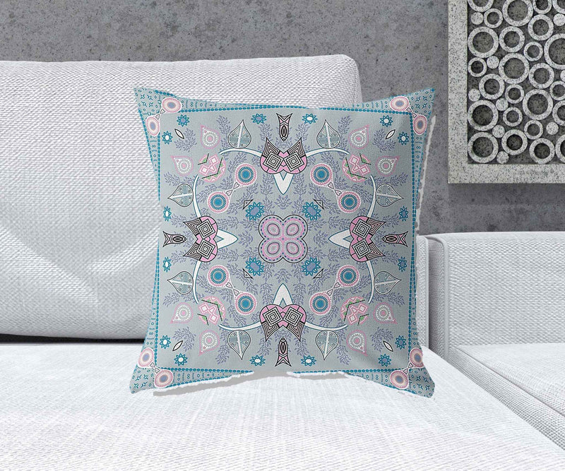 20" X 20" Grey And Pink Blown Seam Floral Indoor Outdoor Throw Pillow