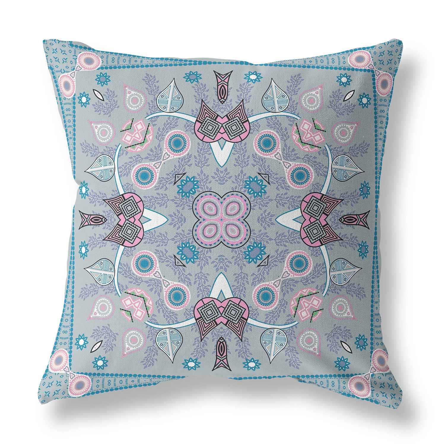 20" X 20" Grey And Pink Blown Seam Floral Indoor Outdoor Throw Pillow