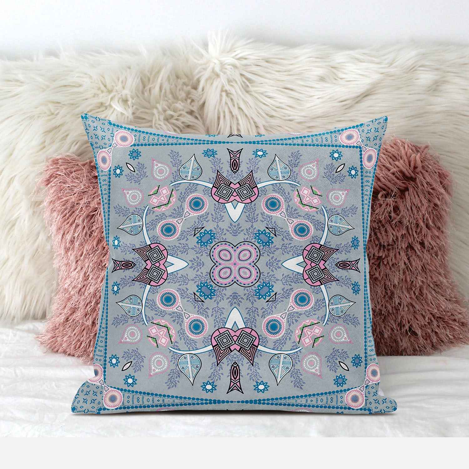 20" X 20" Grey And Pink Blown Seam Floral Indoor Outdoor Throw Pillow