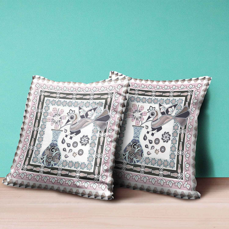 20" x 20" Pink and Grey Bird Blown Seam Floral Indoor Outdoor Throw Pillow