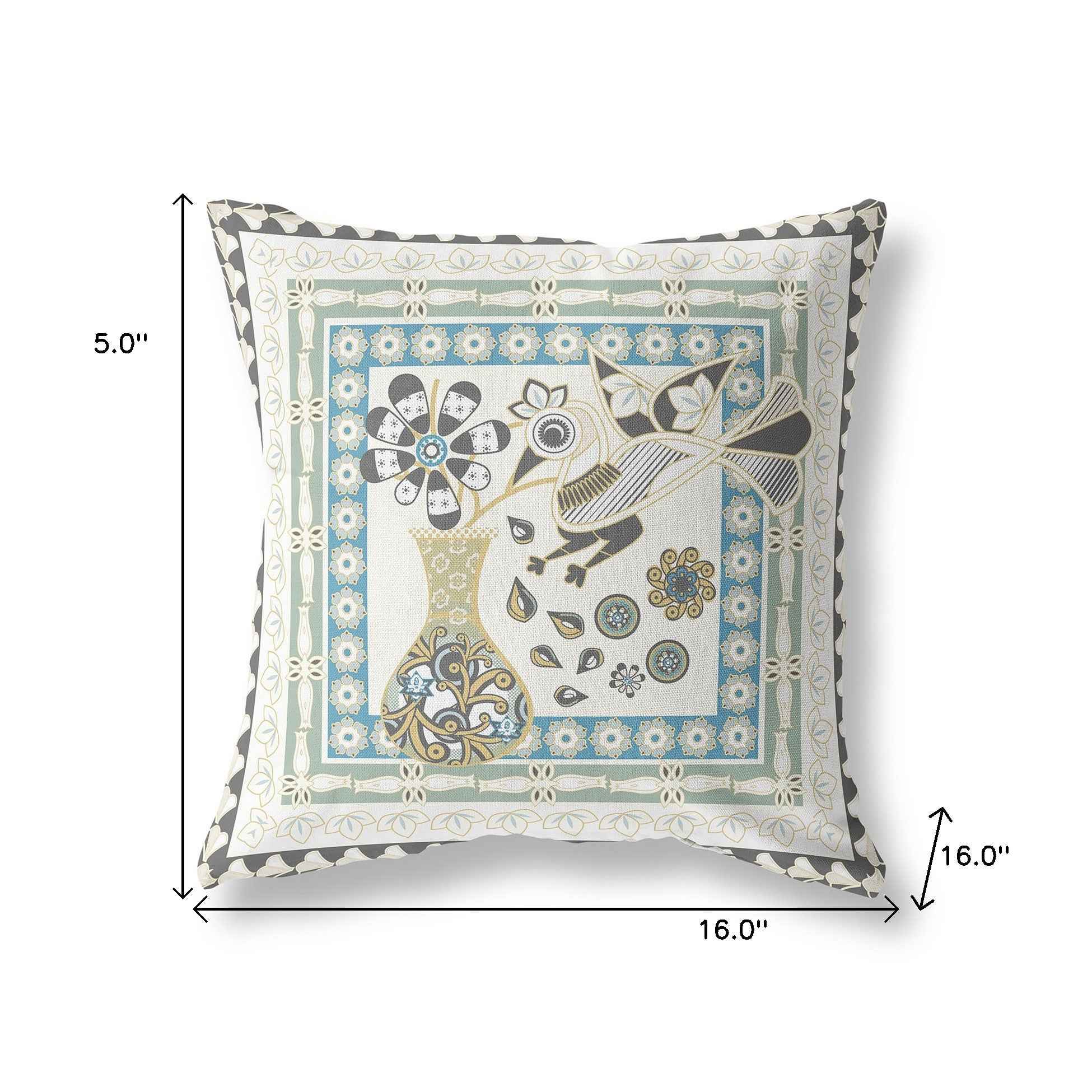 16" x 16" Cream Peacock Blown Seam Floral Indoor Outdoor Throw Pillow