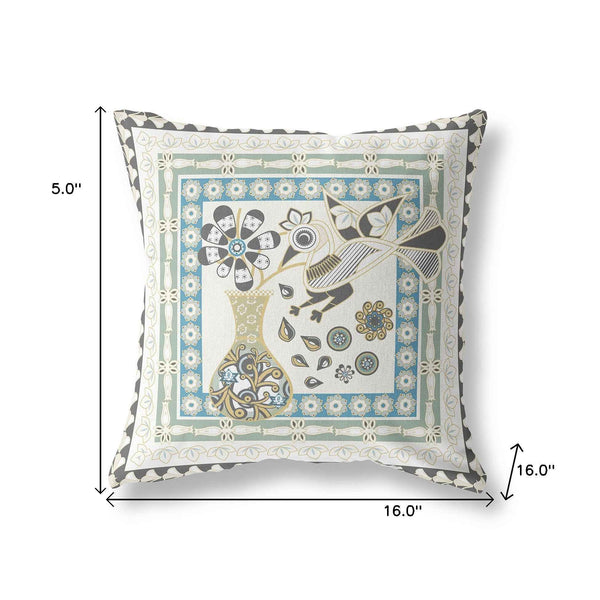 16" x 16" Cream Peacock Blown Seam Floral Indoor Outdoor Throw Pillow