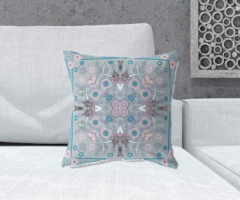 18" X 18" Grey And Pink Blown Seam Floral Indoor Outdoor Throw Pillow