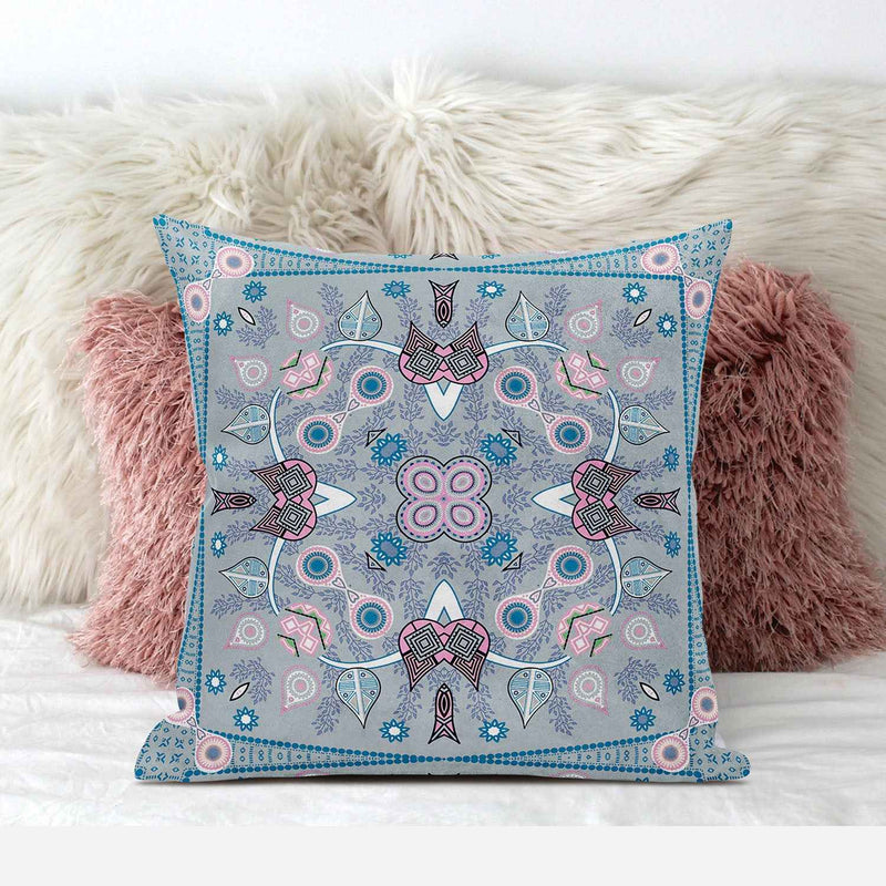 18" X 18" Grey And Pink Blown Seam Floral Indoor Outdoor Throw Pillow