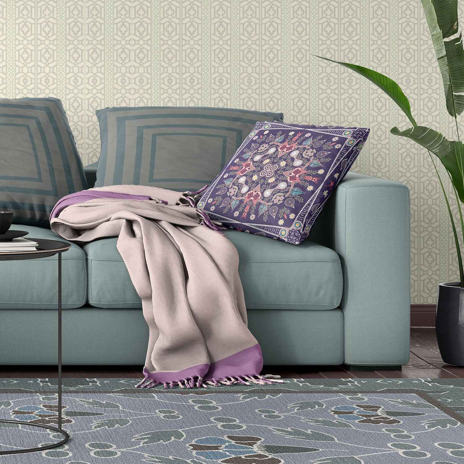 20" x 20" Purple Blown Seam Paisley Indoor Outdoor Throw Pillow