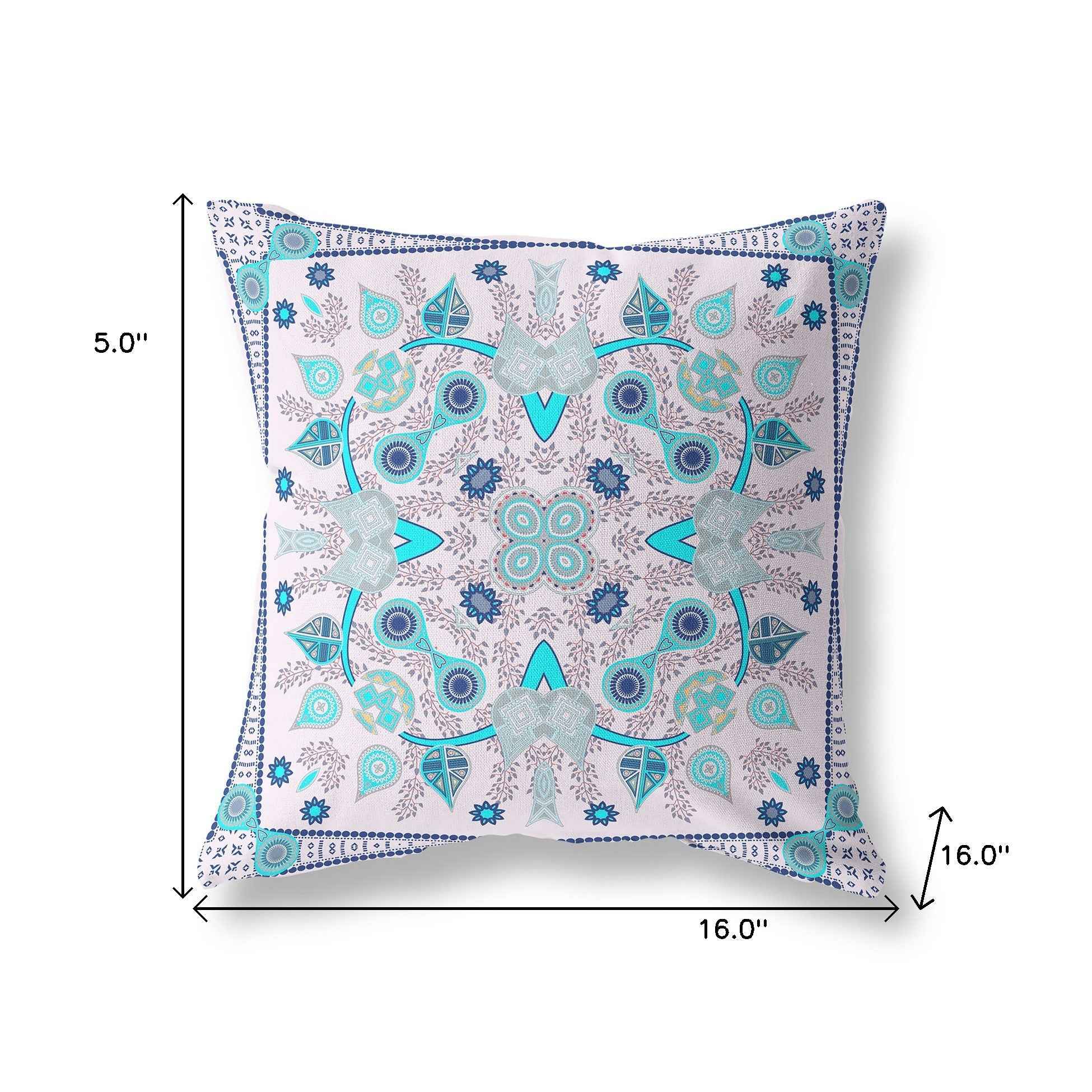 16" X 16" Light Blue Blown Seam Floral Indoor Outdoor Throw Pillow
