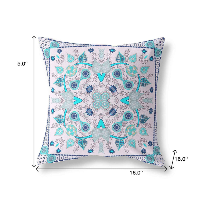16" X 16" Light Blue Blown Seam Floral Indoor Outdoor Throw Pillow