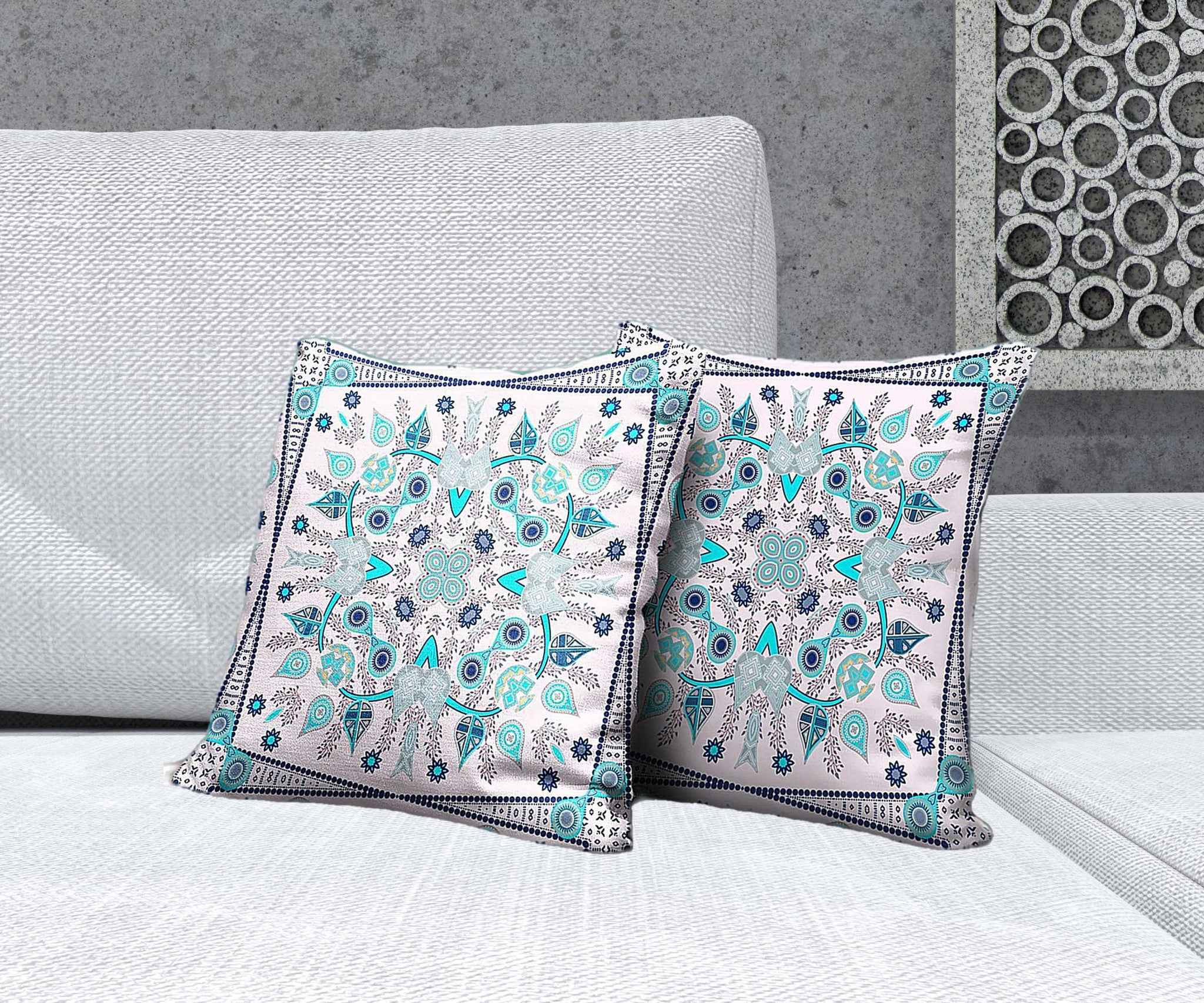 16" X 16" Light Blue Blown Seam Floral Indoor Outdoor Throw Pillow