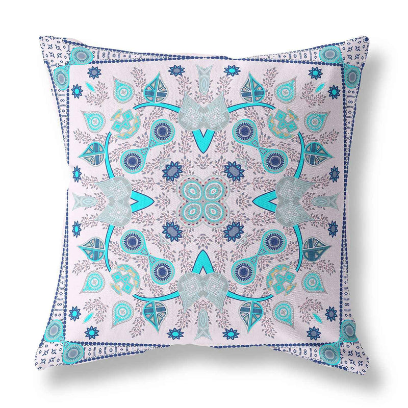 16" X 16" Light Blue Blown Seam Floral Indoor Outdoor Throw Pillow