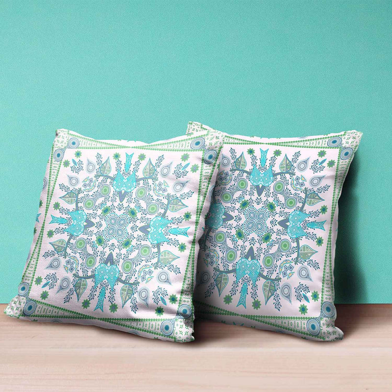 18" X 18" White And Green Blown Seam Floral Indoor Outdoor Throw Pillow