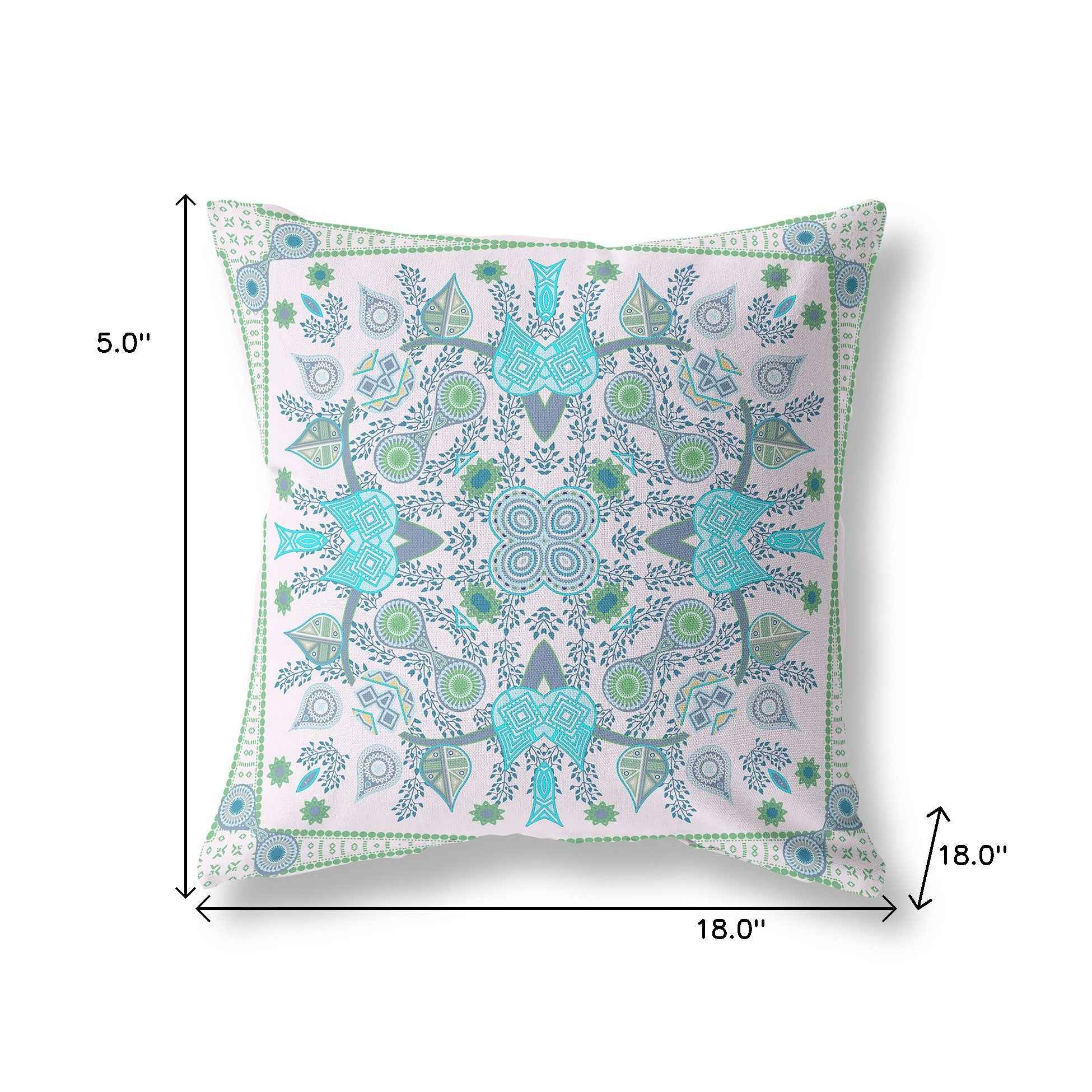 18" X 18" White And Green Blown Seam Floral Indoor Outdoor Throw Pillow