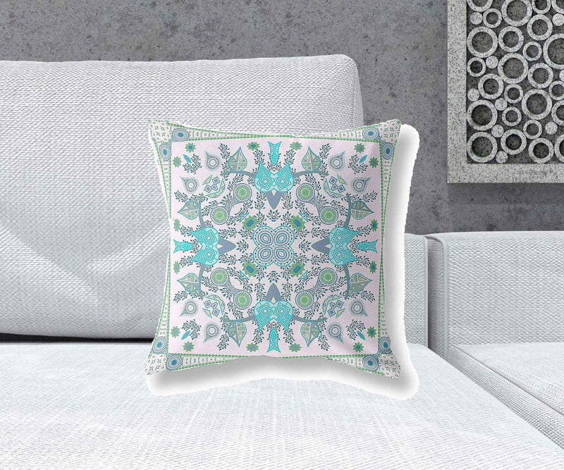 18" X 18" White And Green Blown Seam Floral Indoor Outdoor Throw Pillow