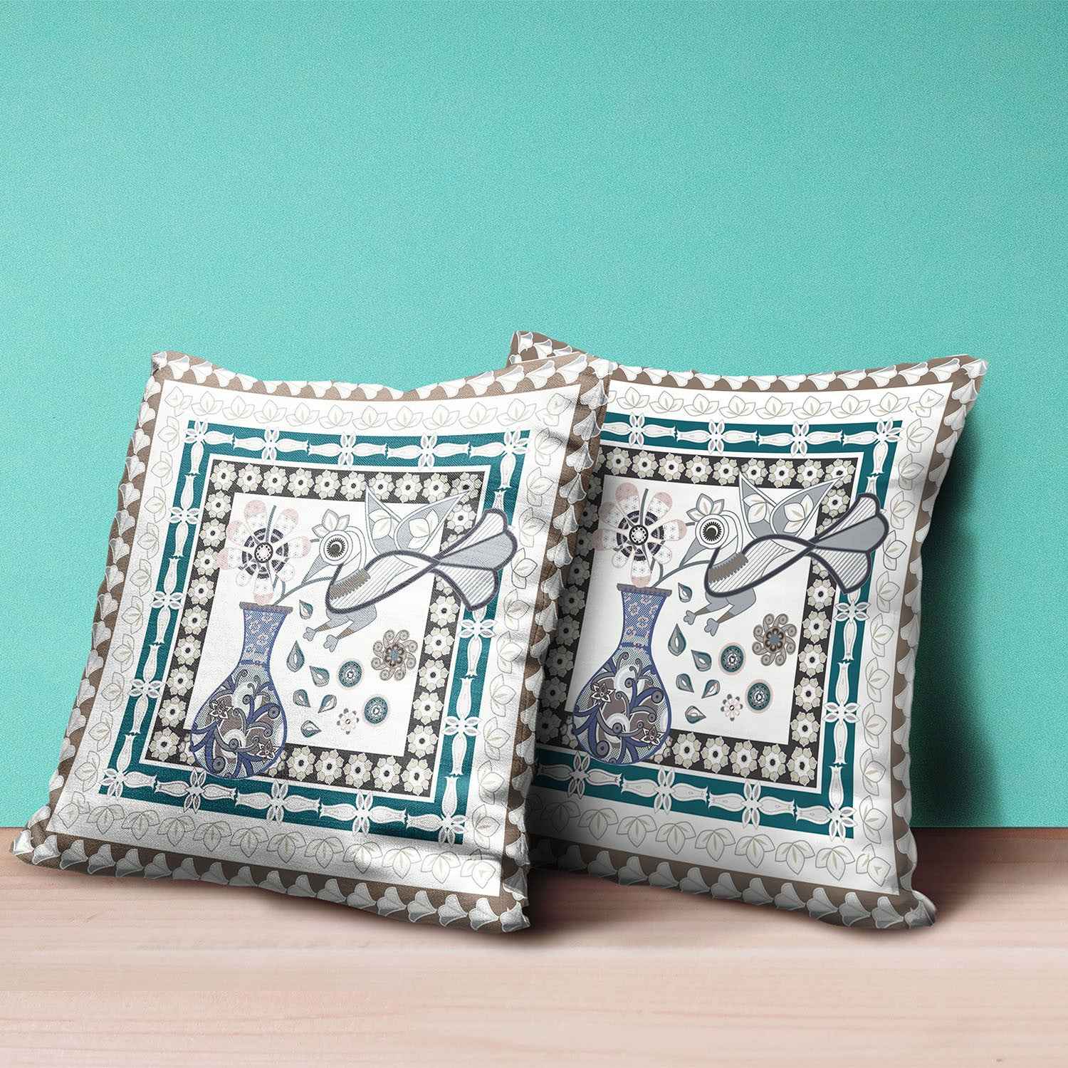 16" x 16" Off White Peacock Blown Seam Floral Indoor Outdoor Throw Pillow