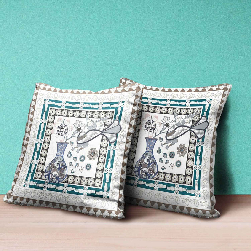 16" x 16" Off White Peacock Blown Seam Floral Indoor Outdoor Throw Pillow