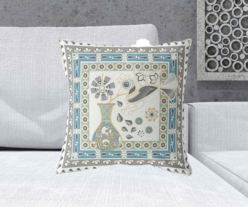 20" x 20" Off White Bird Blown Seam Floral Indoor Outdoor Throw Pillow