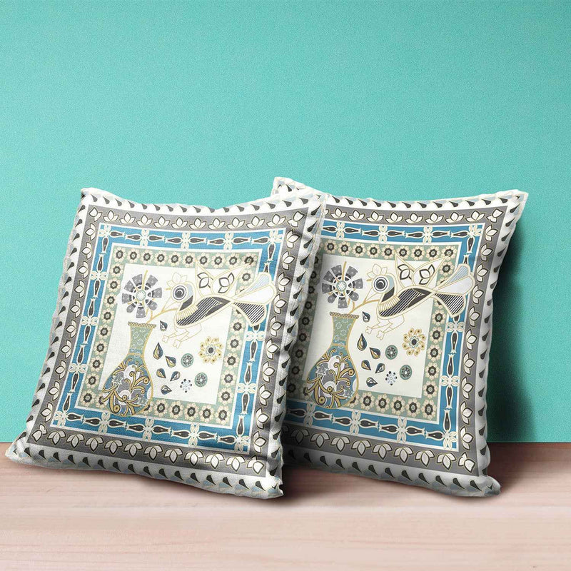 20" x 20" Off White Bird Blown Seam Floral Indoor Outdoor Throw Pillow