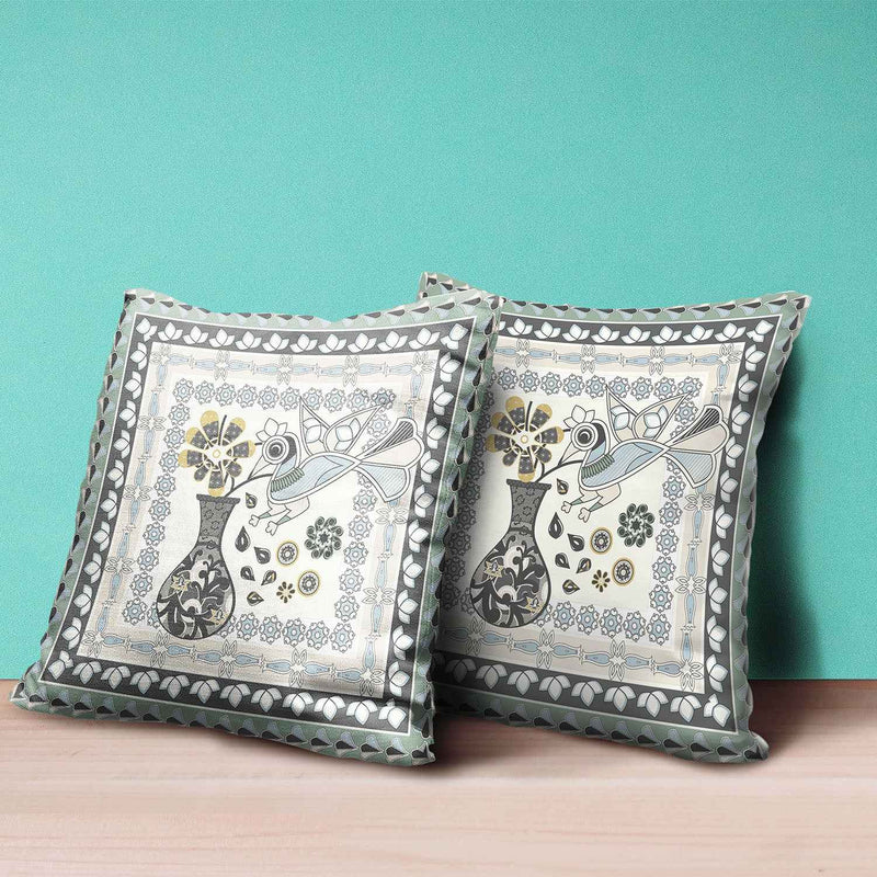 20" x 20" Cream Peacock Blown Seam Floral Indoor Outdoor Throw Pillow