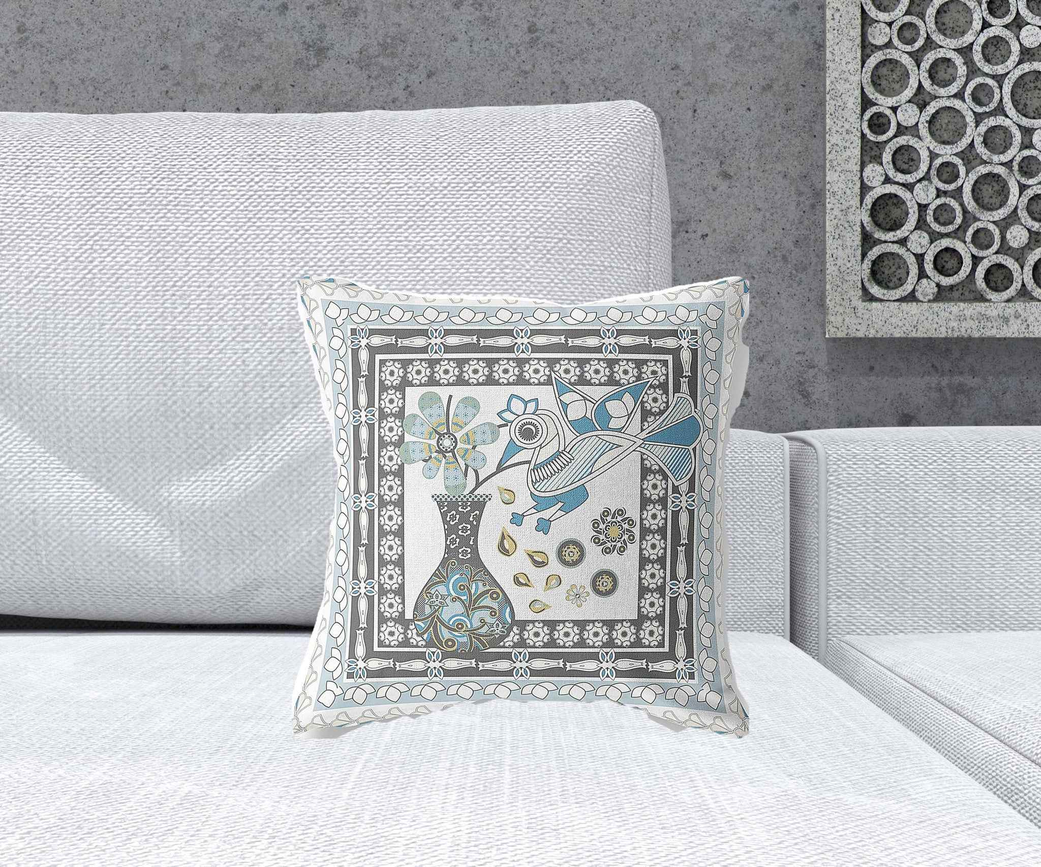 16" x 16" Blue and White Bird Blown Seam Abstract Indoor Outdoor Throw Pillow