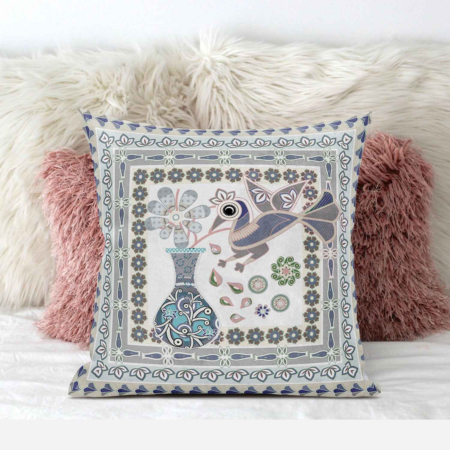 18" x 18" Gray Peacock Blown Seam Floral Indoor Outdoor Throw Pillow