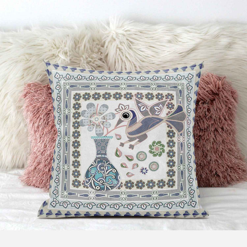 18" x 18" Gray Peacock Blown Seam Floral Indoor Outdoor Throw Pillow