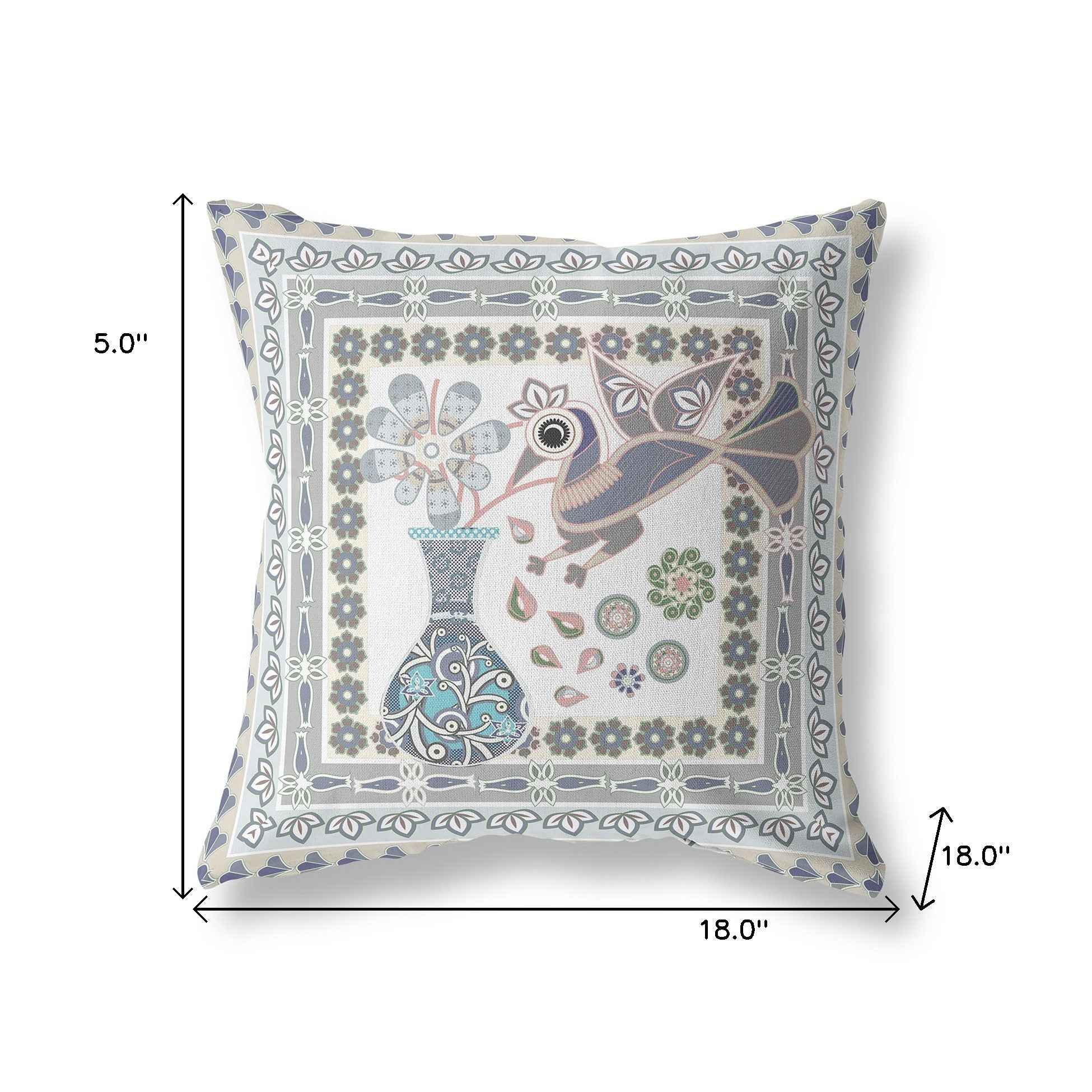 18" x 18" Gray Peacock Blown Seam Floral Indoor Outdoor Throw Pillow