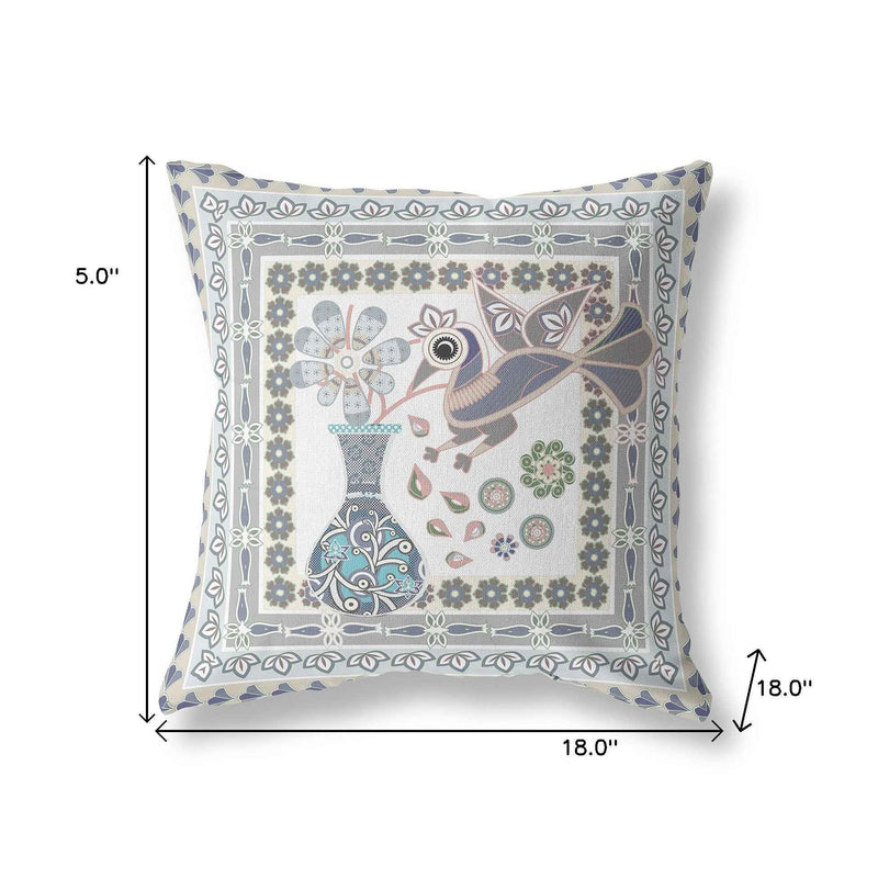 18" x 18" Gray Peacock Blown Seam Floral Indoor Outdoor Throw Pillow