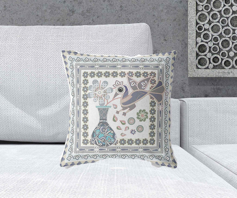 18" x 18" Gray Peacock Blown Seam Floral Indoor Outdoor Throw Pillow