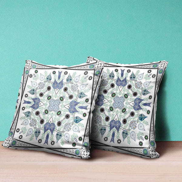 20" x 20" Blue and Off White Blown Seam Paisley Indoor Outdoor Throw Pillow
