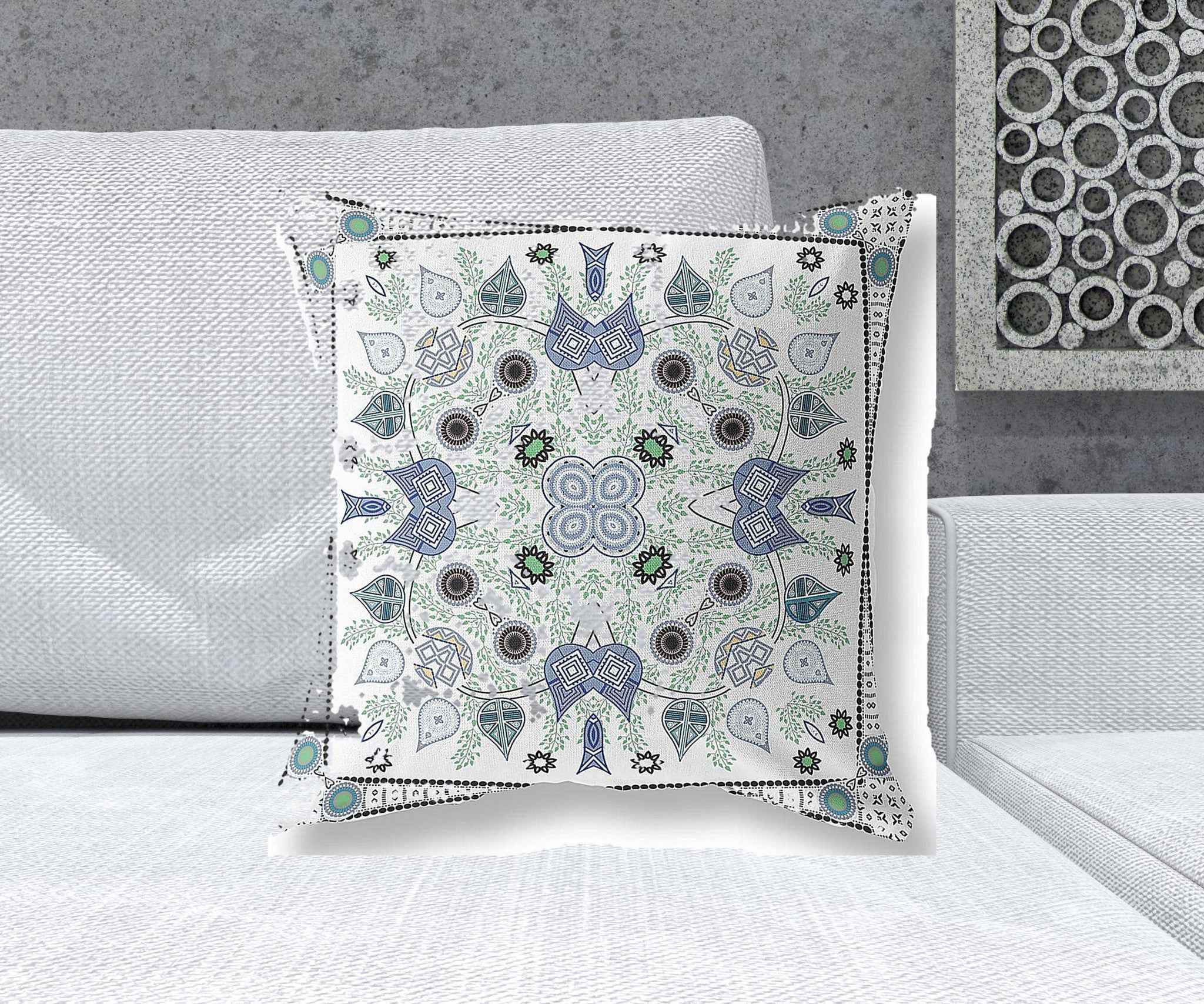 20" x 20" Blue and Off White Blown Seam Paisley Indoor Outdoor Throw Pillow