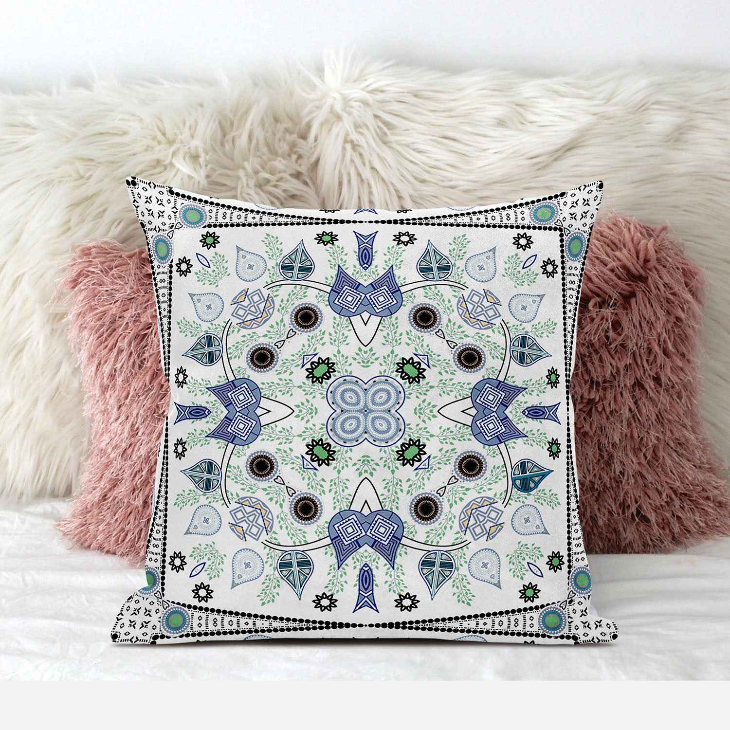 20" x 20" Blue and Off White Blown Seam Paisley Indoor Outdoor Throw Pillow