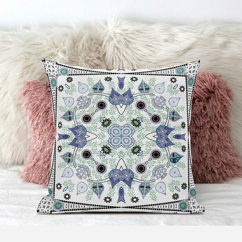 20" x 20" Blue and Off White Blown Seam Paisley Indoor Outdoor Throw Pillow