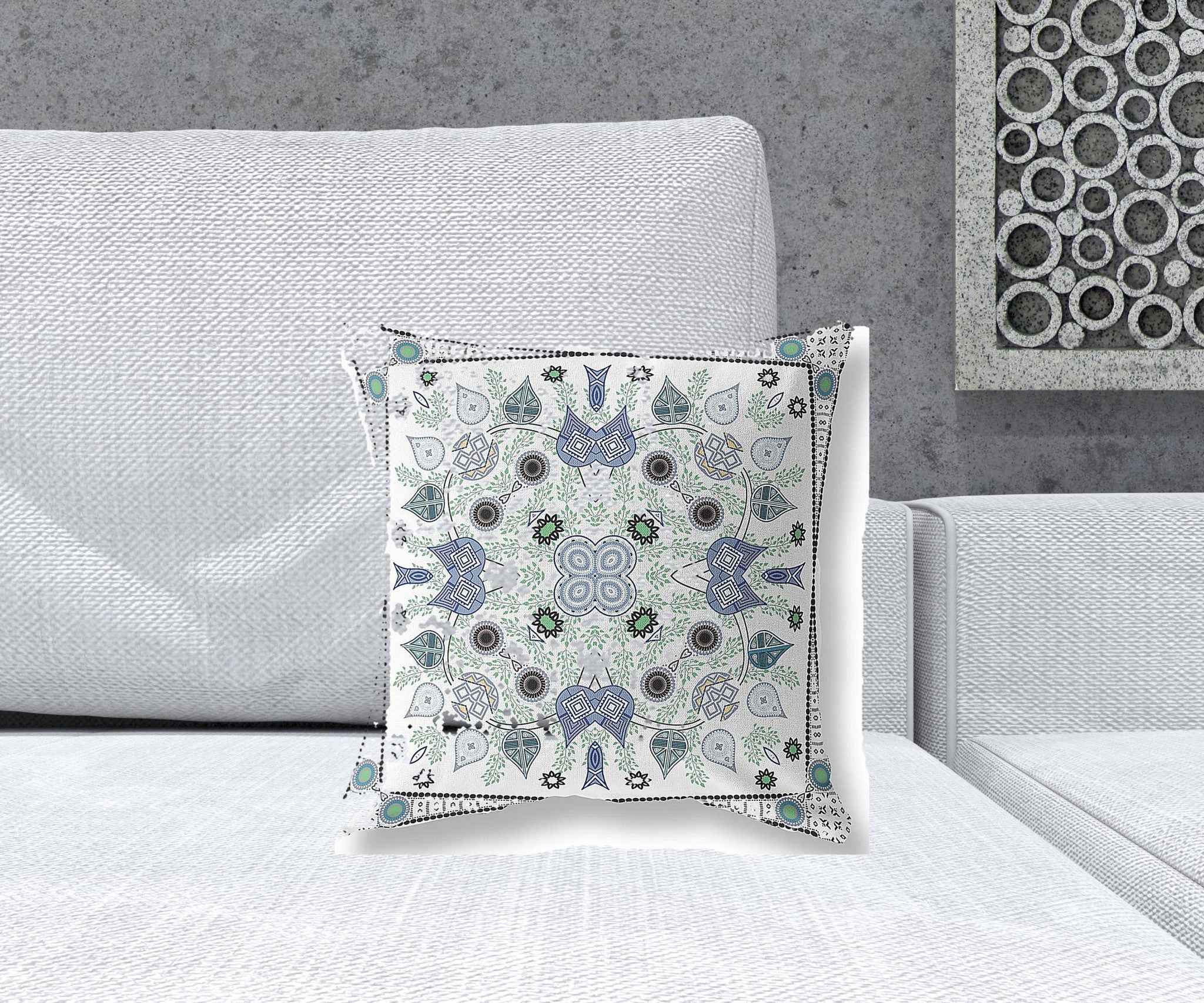 16" x 16" Blue and Off White Blown Seam Paisley Indoor Outdoor Throw Pillow