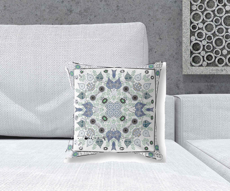 16" x 16" Blue and Off White Blown Seam Paisley Indoor Outdoor Throw Pillow