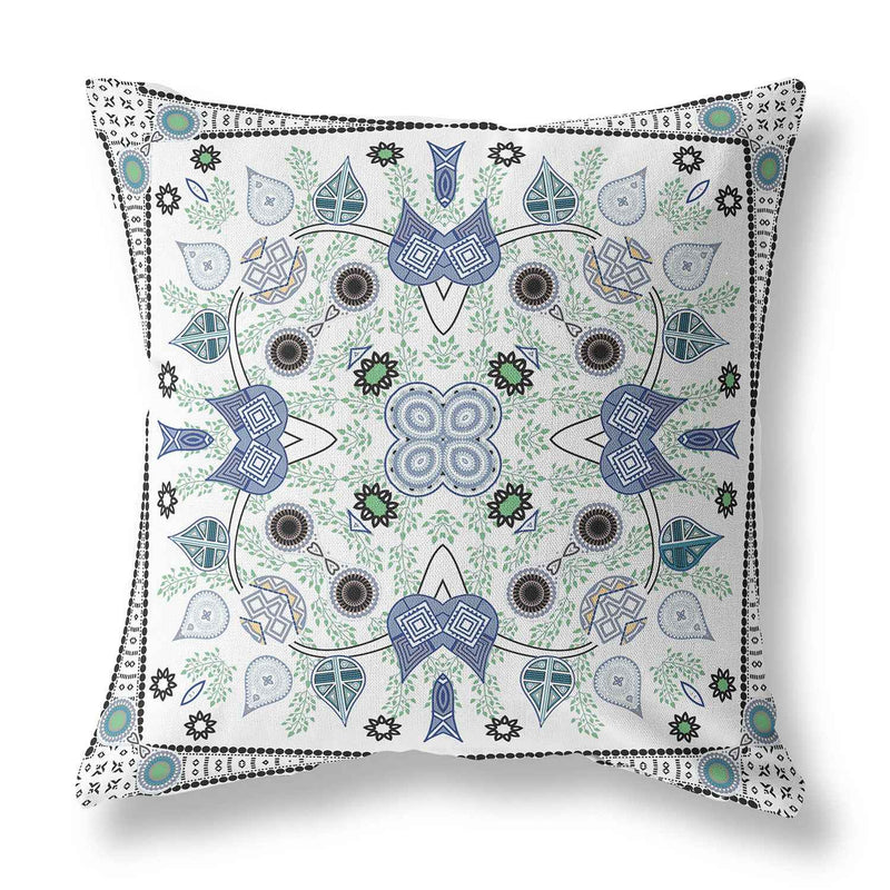 16" x 16" Blue and Off White Blown Seam Paisley Indoor Outdoor Throw Pillow