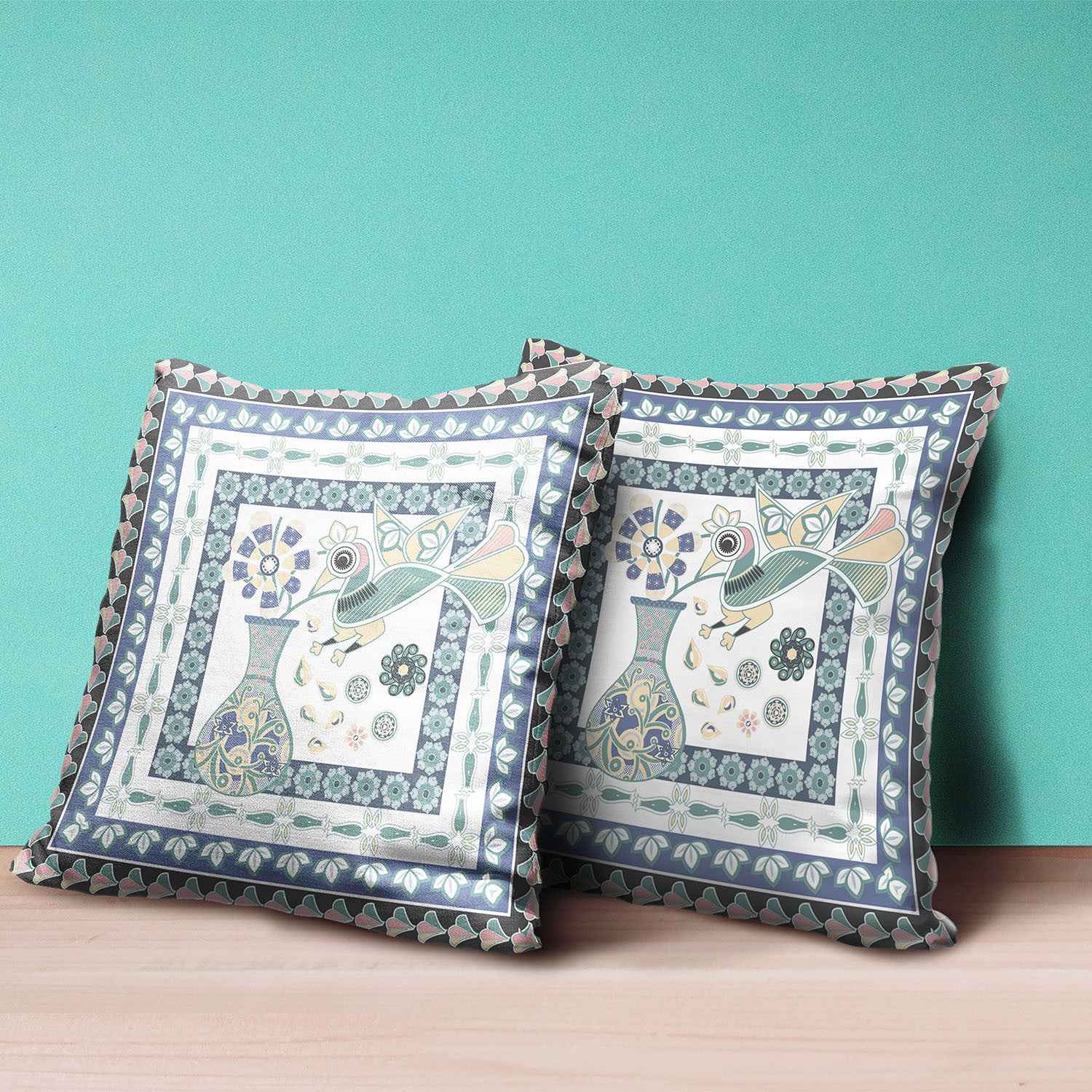 18" x 18" Blue and White Bird Blown Seam Floral Indoor Outdoor Throw Pillow