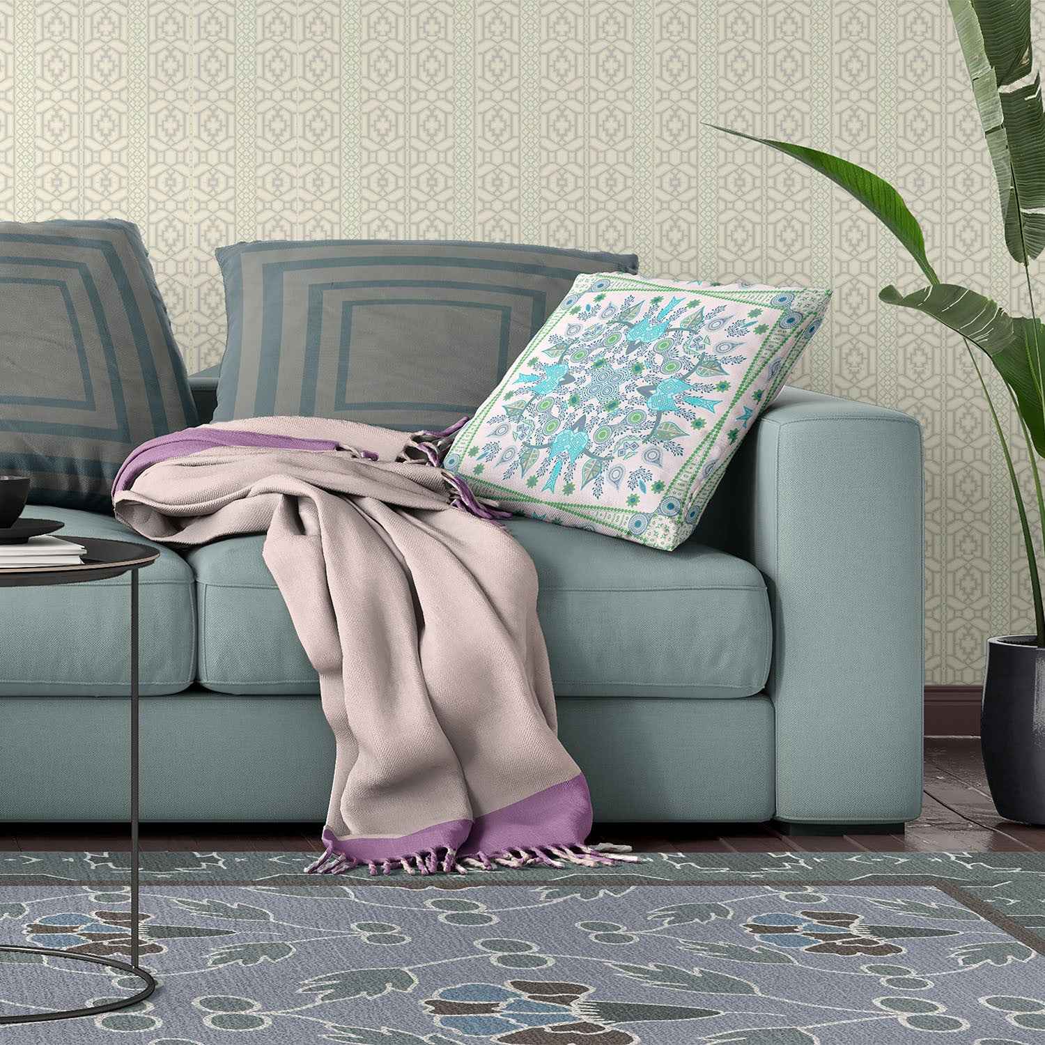 20" X 20" White And Green Blown Seam Floral Indoor Outdoor Throw Pillow