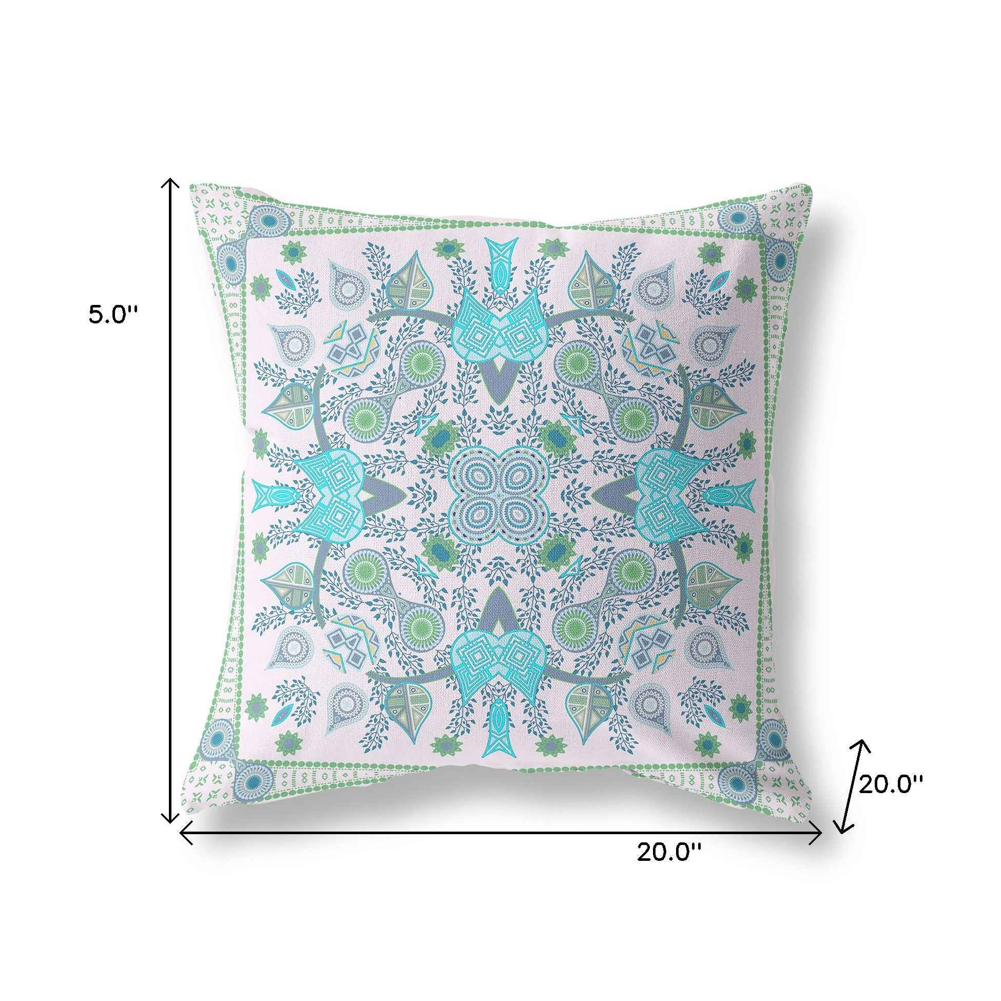 20" X 20" White And Green Blown Seam Floral Indoor Outdoor Throw Pillow