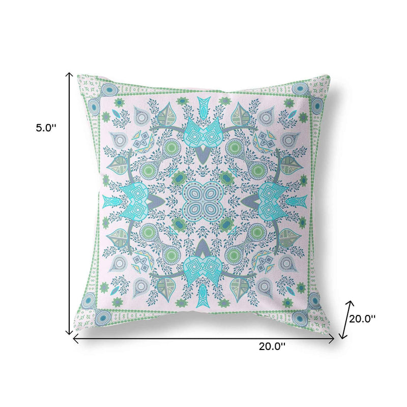 20" X 20" White And Green Blown Seam Floral Indoor Outdoor Throw Pillow