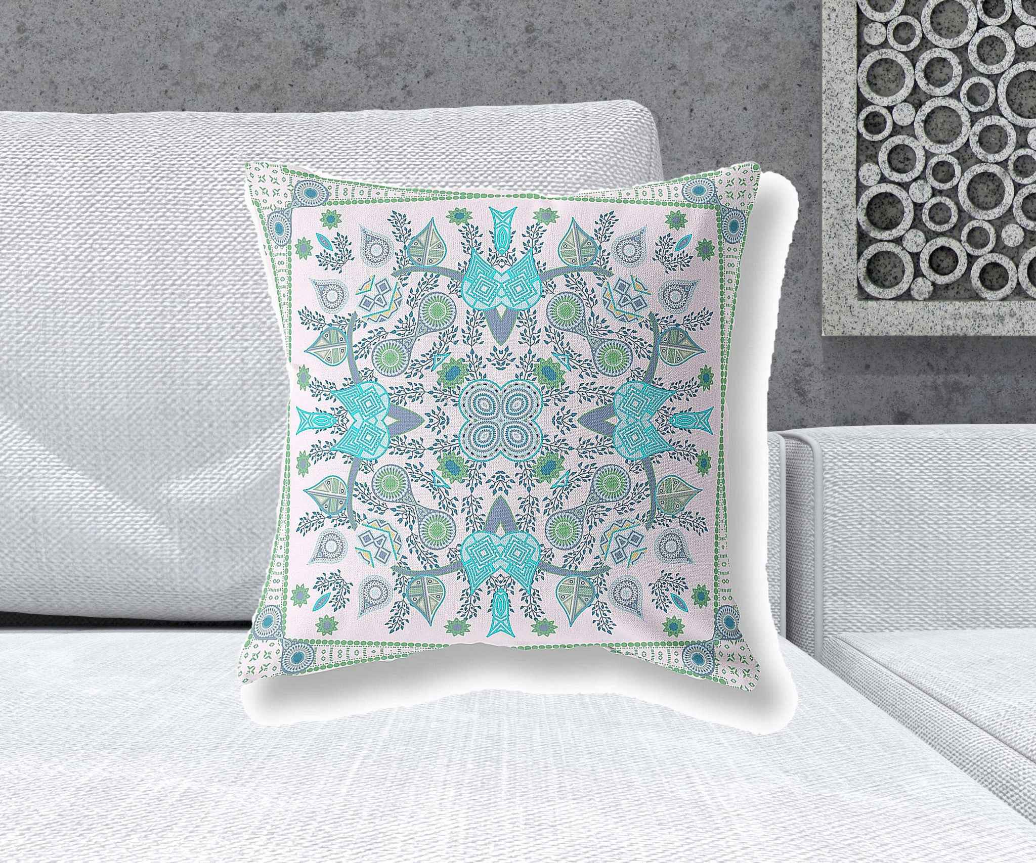 20" X 20" White And Green Blown Seam Floral Indoor Outdoor Throw Pillow