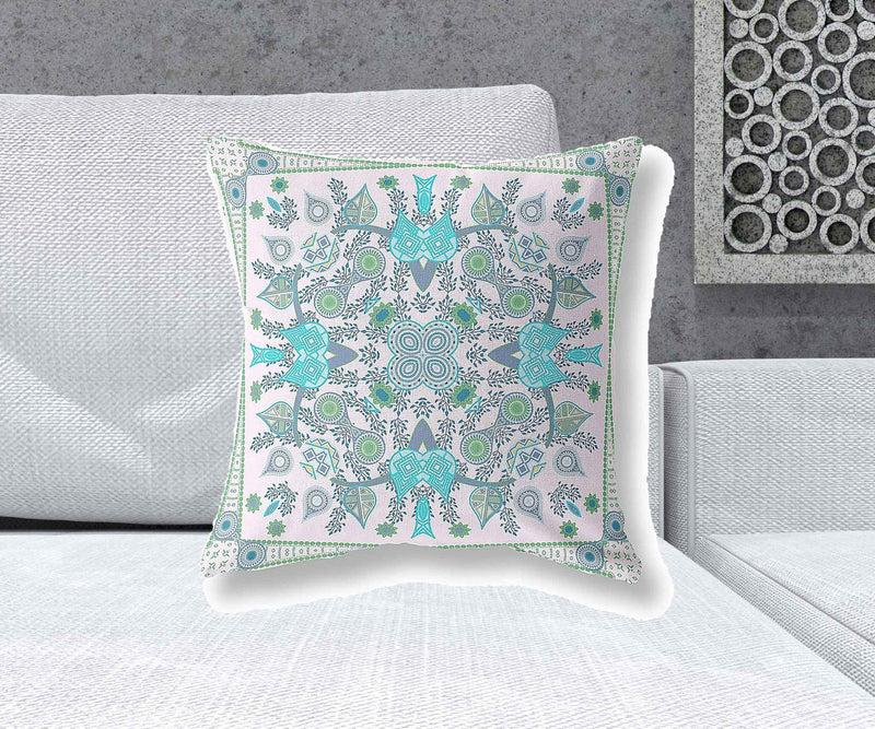 20" X 20" White And Green Blown Seam Floral Indoor Outdoor Throw Pillow