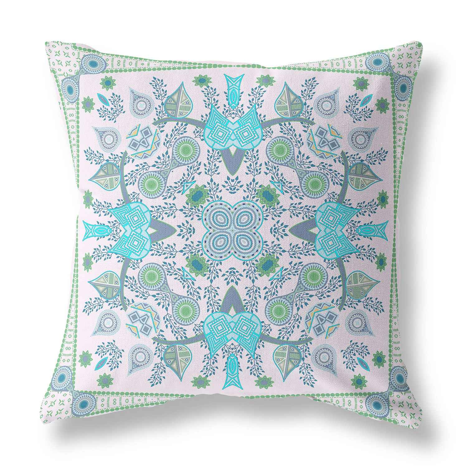20" X 20" White And Green Blown Seam Floral Indoor Outdoor Throw Pillow