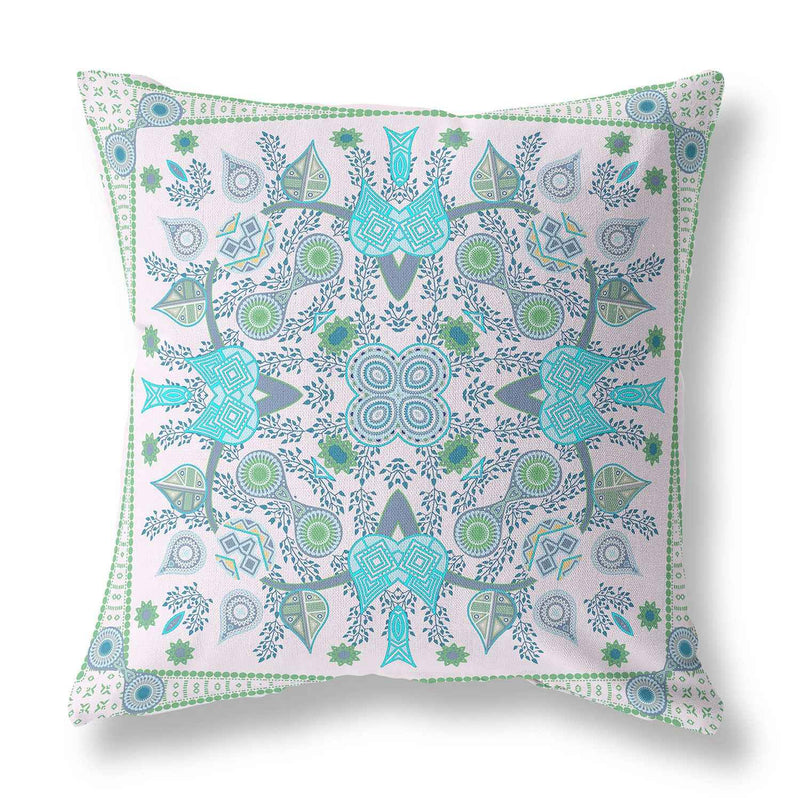 20" X 20" White And Green Blown Seam Floral Indoor Outdoor Throw Pillow