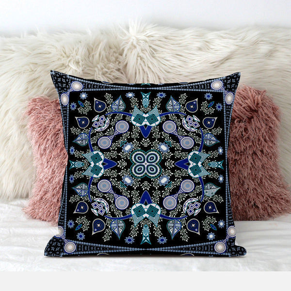 16" X 16" Black And Blue Blown Seam Floral Indoor Outdoor Throw Pillow Default Title