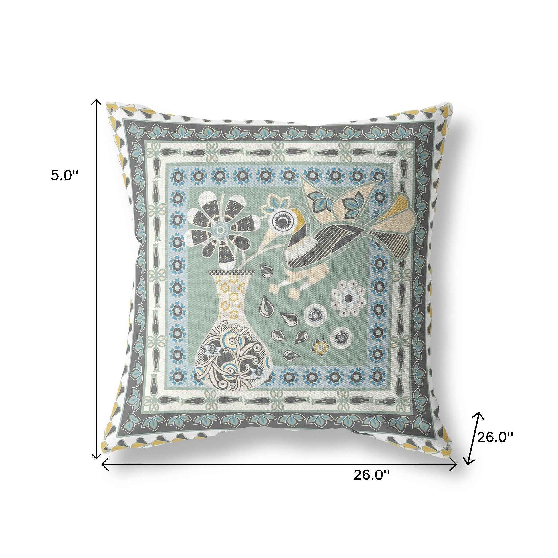 26" x 26" Green and Black Peacock Blown Seam Floral Indoor Outdoor Throw Pillow