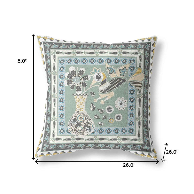 26" x 26" Green and Black Peacock Blown Seam Floral Indoor Outdoor Throw Pillow