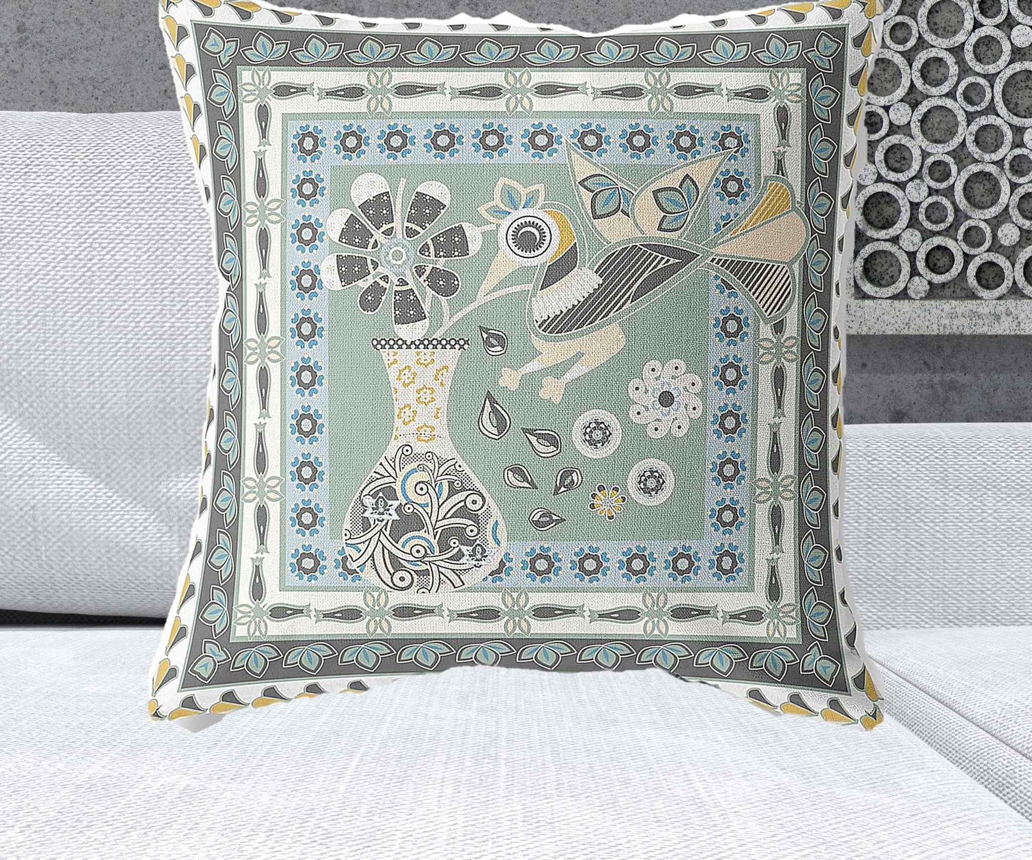 26" x 26" Green and Black Peacock Blown Seam Floral Indoor Outdoor Throw Pillow