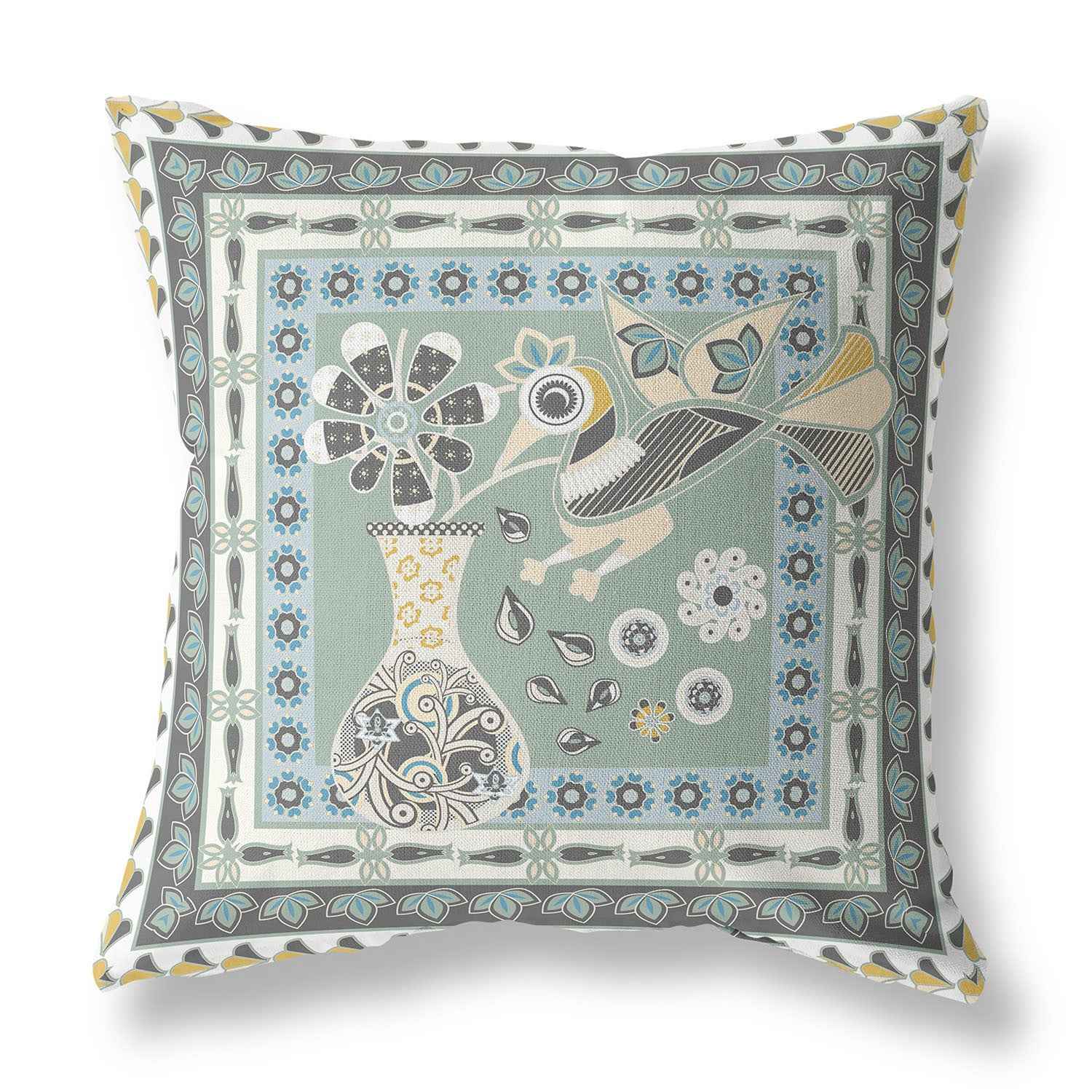 26" x 26" Green and Black Peacock Blown Seam Floral Indoor Outdoor Throw Pillow