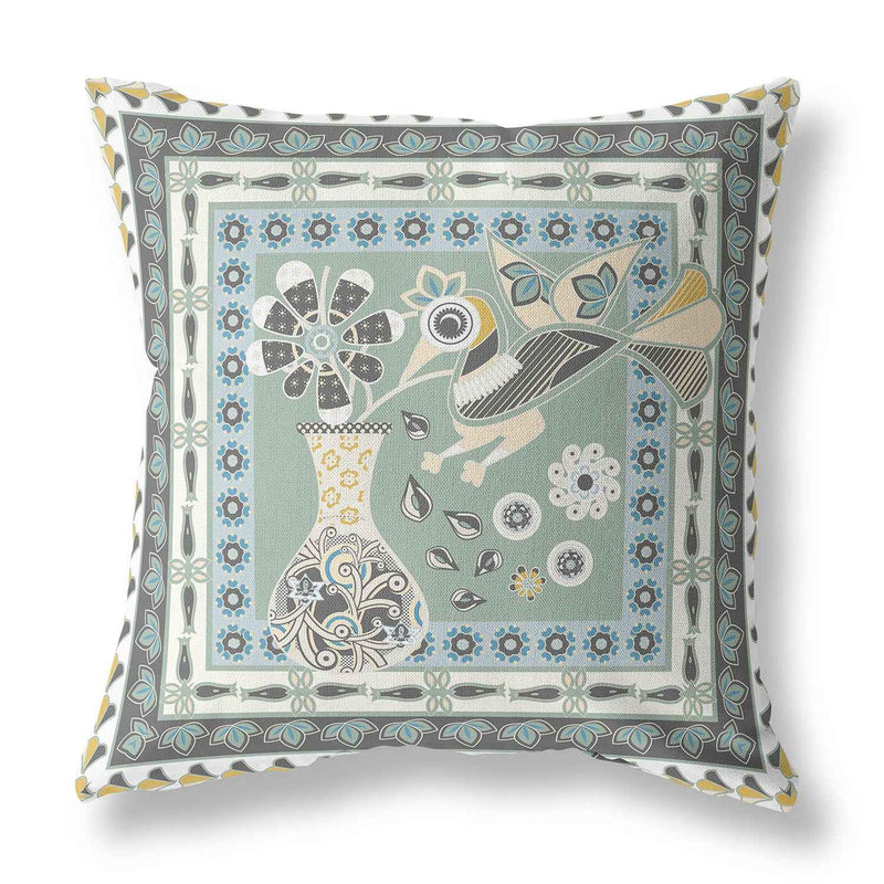 26" x 26" Green and Black Peacock Blown Seam Floral Indoor Outdoor Throw Pillow