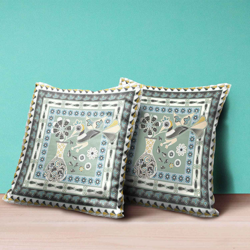 26" x 26" Green and Black Peacock Blown Seam Floral Indoor Outdoor Throw Pillow