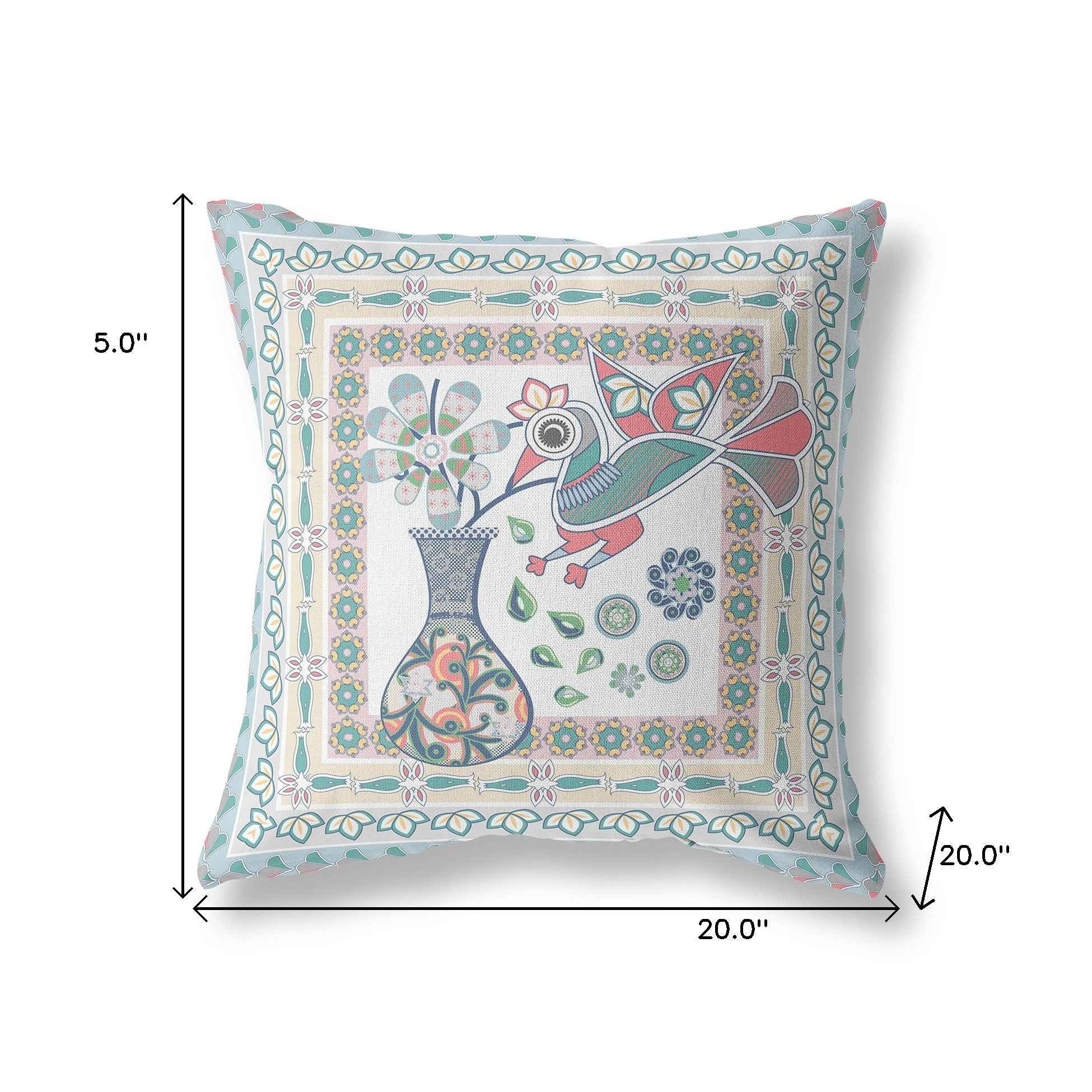 20" X 20" White And Blue Bird Blown Seam Floral Indoor Outdoor Throw Pillow